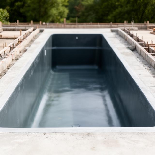 Piscina de PRFV en construcción en un patio abierto con bordes prolijos y terminación lisa