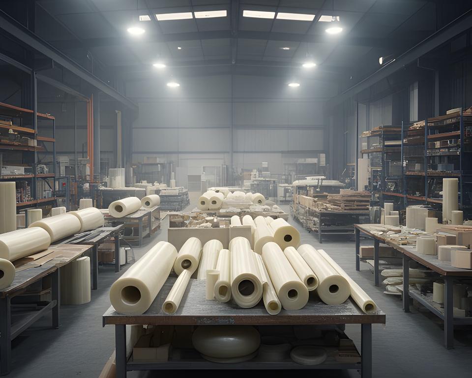 Rollos de fibra de vidrio y piezas compuestas en una nave industrial iluminada, con mesas de trabajo y materiales ordenados
